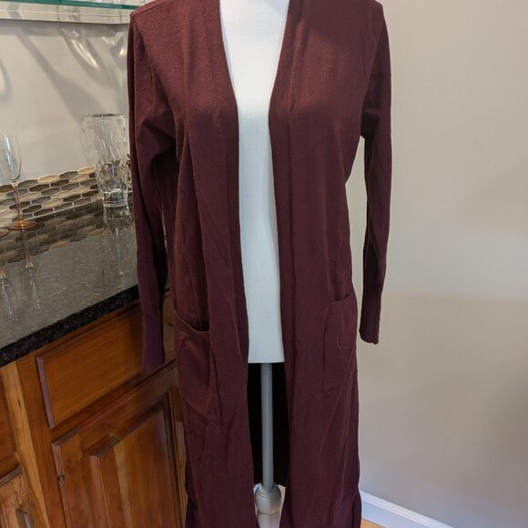 Classic Nine West Long Duster Cardigan Sweater Plum Burgundy Open Front Pockets - Picture 3 of 4